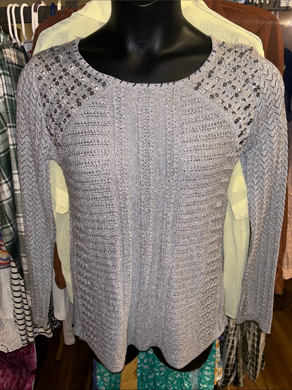 Skye’s the limit matte grey silver metallic threads and sequins nwot medium